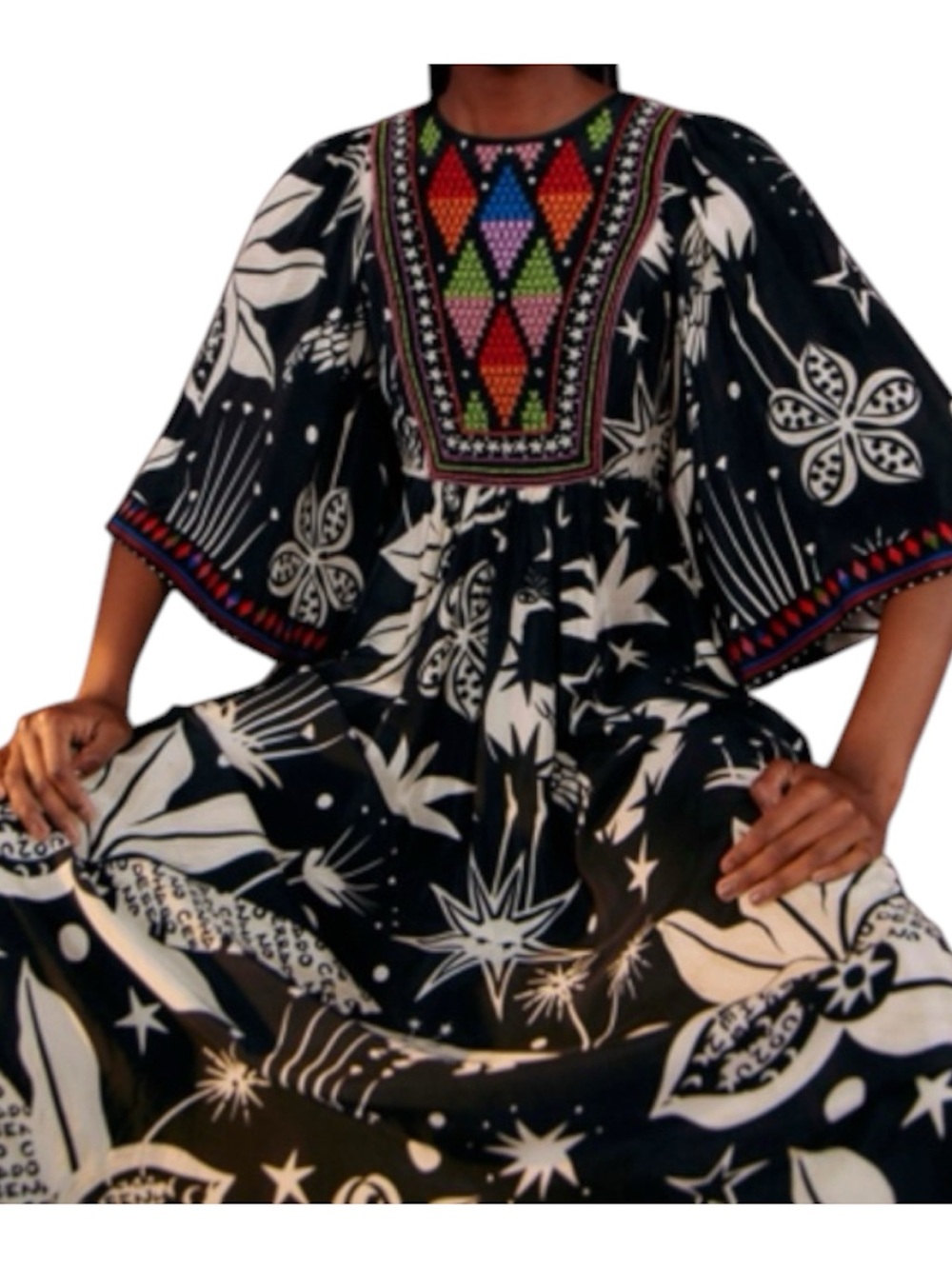FARM Rio Cerrado Sky Embroidered Beaded Maxi Dress Black Kimono Sleeve Boho M - Picture 5 of 17